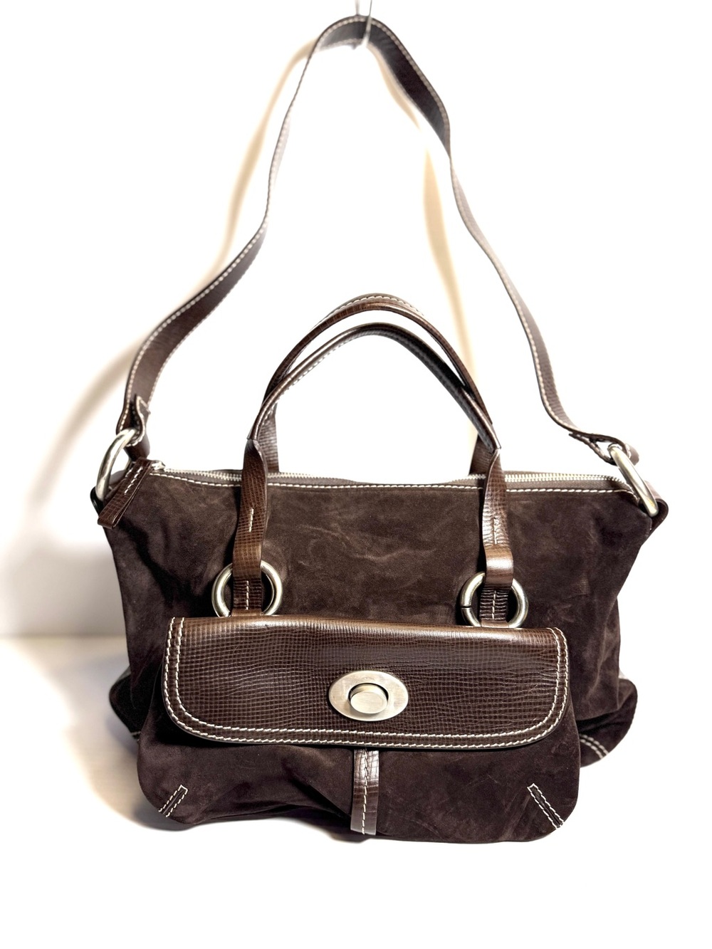 Dark Brown Suede Shoulder Bag with Textured Flap